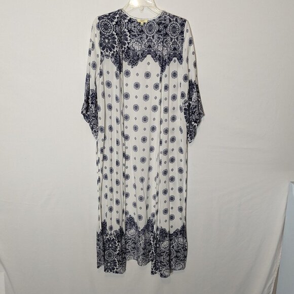 WOMEN'S "Kori America" White & Blue Maxi, 3/4 Sleeved Kaftan; Rayon; Size L - Picture 2 of 6